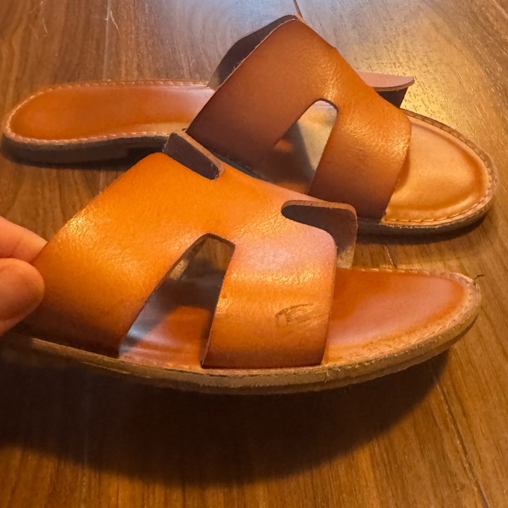 Tan Leather Slide Sandals - Picture 3 of 6